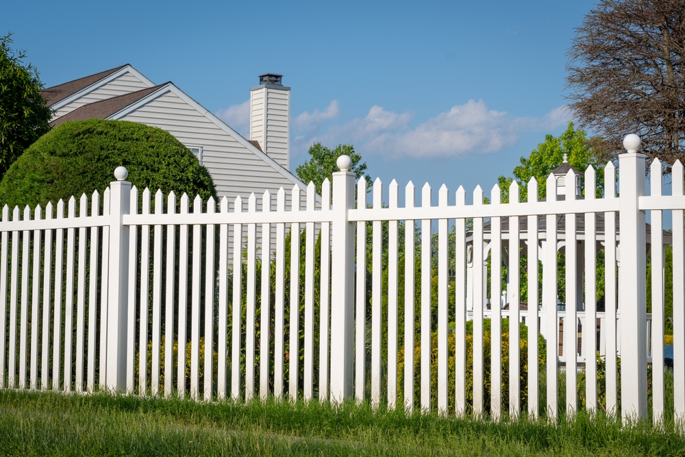 White,vinyl,fence,in,a,cottage,village,tall,thuja,bushes